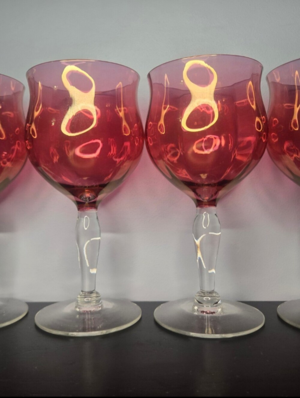 Vintage West Virginia Glass Optic Rose/Ruby Luster Wine Glasses 6.5" Set of 4 O